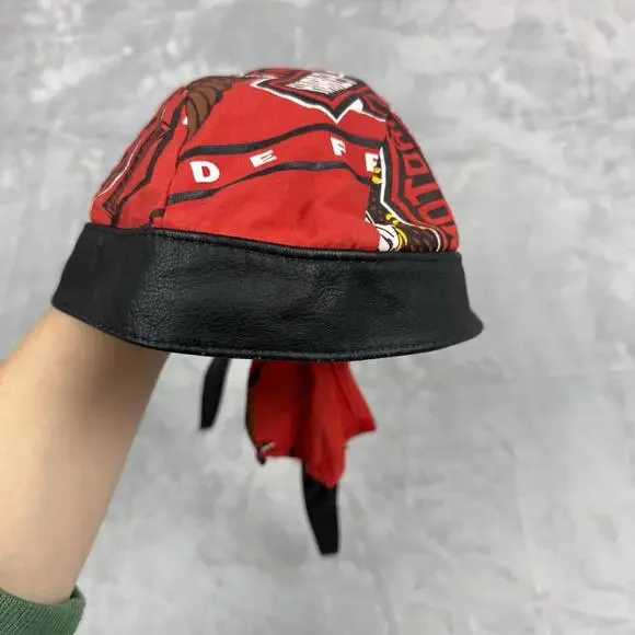 VTG Harley Davidson Red Do Rag Bandana Headwrap Leather Trim Motorcycle Gear Y2K - Picture 9 of 11